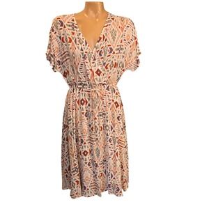 West Kei Tribal Print Wrap V Neck‎ Elastic Waist Lined Midi A-line Dress Small